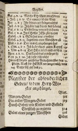 Register der absonderlichen Gebete/ so dem Hertz Wecker angehänget.
