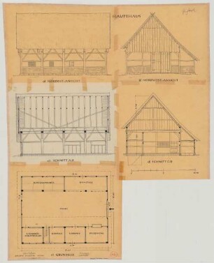 Bökebom bei Klein Reken (Kreis Borken): Kötter Heilken. Haupthaus (Grundriss, Nordostansicht, Nordwestansicht, Schnitte)