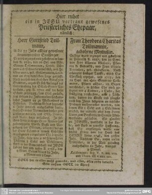 Hier ruhet ein in Jesu vertraut gewesenes Priesterliches Ehepaar
