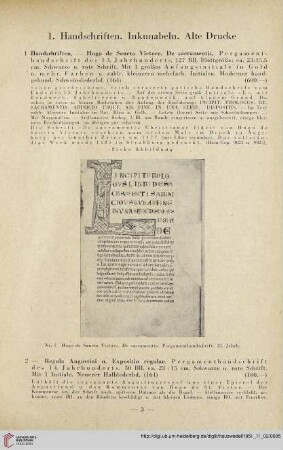 1. Handschriften. Inkunabeln. Alte Drucke (Nr. 1 - 103)