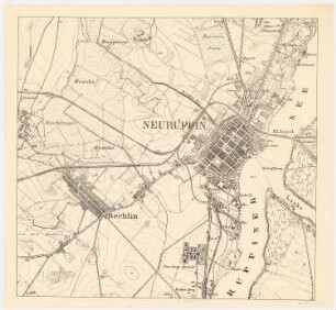 Bebauungsplan der Stadterweiterung, Neuruppin 1. Projekt: Planungsunterlage: Karte von Neuruppin und näherer Umgebung mit Eintragung der Verkehrslinienführung und Grünzugplanung 1:10000 (Druck der vergrößerten Messtischkarte 1:25000, vgl. Inv.Nr. 21167)