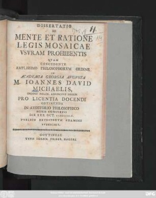 Dissertatio De Mente Et Ratione Legis Mosaicae Vsvram Prohibentis