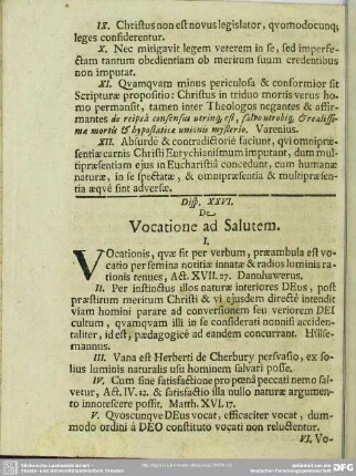 Disp. XXVI. De Vocatione ad Salutem