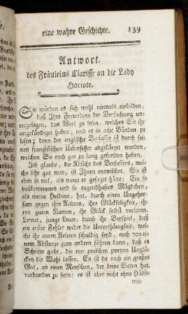 Antwort. des Fräuleins Clarisse an die Lady Hariote.