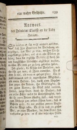 Antwort. des Fräuleins Clarisse an die Lady Hariote.