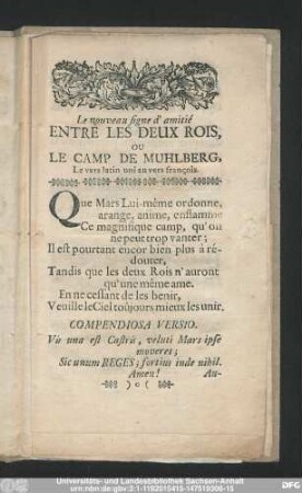 Le nouveau signe d' amitié Entre Les Deux Rois, Ou Le Camp De Muhlberg, Le vers latin uni au vers françois.