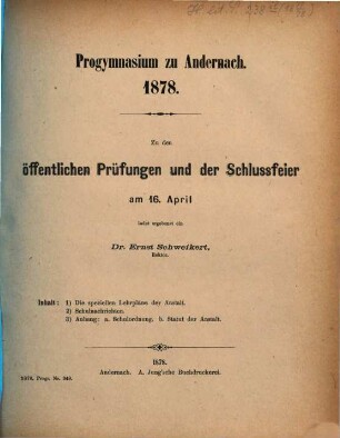 Zu der öffentlichen Prüfung und der Schlussfeier ... ladet ergebenst ein. 1877/78