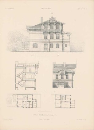 Kleines Wohnhaus, Kreuznach: Grundrisse, Ansichten, Schnitt (aus: Architektonisches Skizzenbuch, H. 144/3, 1877)