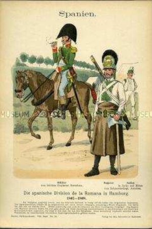 Uniformdarstellung, Offizier, Sappeur und Gemeiner verschiedener Infanterie-Regimenter, Königreich Spanien, 1807/1808.