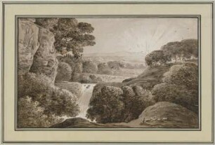 Sonnenaufgang über einer Landschaft mit Wasserfall