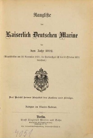 Rangliste der Kaiserlich-Deutschen Marine : für d. Jahr .... 1892