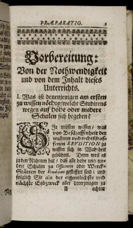 Vorbereitung: Von der Nothwendigkeit und von dem Inhalt dieses Unterrichts.