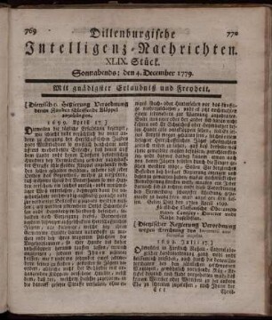 XLIX. Stück. Sonnabends: den 4. December 1779.