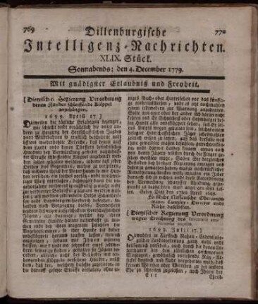 XLIX. Stück. Sonnabends: den 4. December 1779.