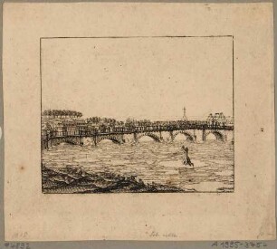 Ansicht der Augustusbrücke kurz vor dem Hochwasser im März 1845, Elbe mit Eisschollen bedeckt, Blick nach Westen