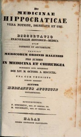 De medicinae Hippocratica vera notione, dignitate et usu : diss. inaug. hist.-med.