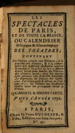 Les spectacles de Paris, ou calendrier historique & chronologique des théâtres, 41. 1792