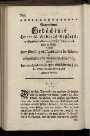 Angenehmes Gedächtnis Herrn M. Andreas Reyhers ...