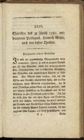 XXVI. Charakter des zu Zürich 1780. enthaupteten Predigers, Heinrich Waser, [...].