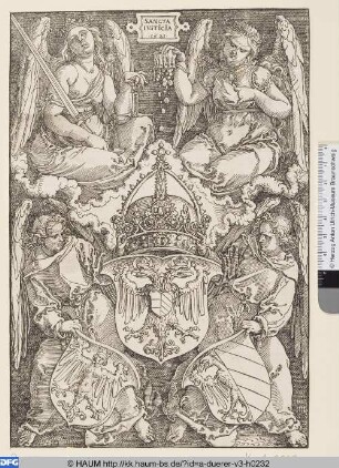 Sancta Ivsticia. Allegorie mit den Wappen des Reichs und der Stadt Nürnberg