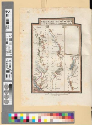 Reise Atlas von Bajern oder Geographisch-geometrische Darstellung aller bajrischen Haupt- und Landstraßen mit den daranliegenden Ortschaften und Gegenden : nebst Kurzer Beschreibungen alles dessen, was auf und an einer jeden der gezeichneten Straßen für den Reisenden merkwürdig seyn kann. [Gewidmet] Joseph August Grafen von Toerring, 15. Chaussée Von München Über Erding Landshut Zu