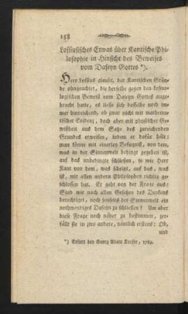 Lossiusisches Etwas über Kantische Philosophie in Hinsicht des Beweises vom Daseyn Gottes*).