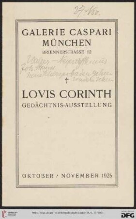 Lovis Corinth - Gedächtnis-Ausstellung : Oktober/November 1925