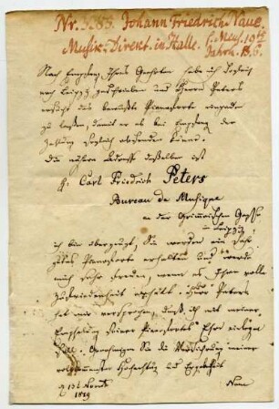 Brief von Johann Friedrich Naue an einen Musiker