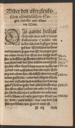 Wider den abergleubischen altvettelischen Segen/ bericht aus Gottes Wort.