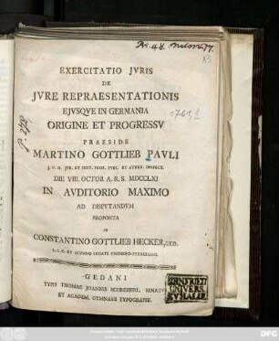 Exercitatio Jvris De Jvre Repraesentationis Ejvsqve In Germania Origine Et Progressv