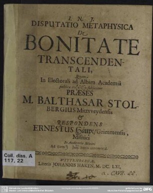 Disputatio metaphysica de bonitate transcendentali