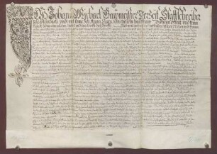 Kaufbrief des Johann Michel Baumeister, Stadtschreiber zu Steinbach, und seiner Frau Anna Clara gegen des Klosters Schwarzach Secretarium Johann Gluncken und seine Frau Agnes über einen Rebhof zu Riederpach nebst Haus, Stall, Scheuern, Trotthaus, gewölbtem Keller, auch 32 Haufen Reben daselbst