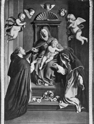 Die Rosenkranzmadonna zwischen den heiligen Dominikus und Katharina