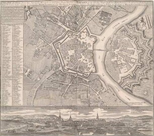 Stadtplan von Dresden, Altstadt und Neustadt, mit Befestigungsanlagen und Vorstädten, Wappen, Stadtbeschreibung und Legende sowie einer Stadtansicht von Norden über die Neustadt und die Elbe auf die Altstadt mit Legende