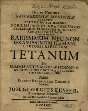 Rarissimum Nec Non Gravissimum Humani Corporis Affectum Tetanum