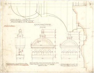 Pfann, Paul; München, Prinzregentenstr. 8; Haus Hartl - Kaminköpfe (Ansichten, Ansicht m. Schnitt, Schnitt, Detail)