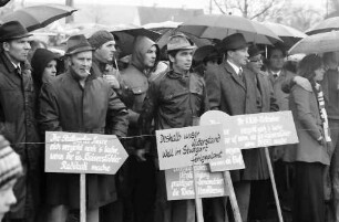 Sasbach: Kundgebung gegen Bleiwerk Marckolsheim und Atomkraftwerk Wyhl; Protestwehrversammlung im Regen mit Plakaten