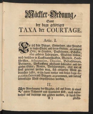 Mäckler-Ordnung, Samt der dazu gehörigen Taxa der Courtage.