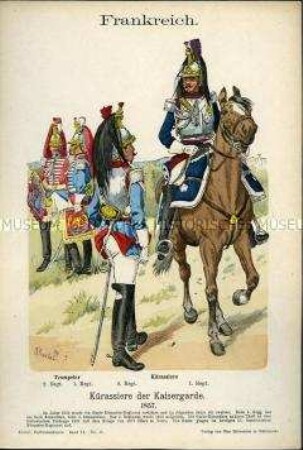 Uniformdarstellung, Trompeter und Gemeine des 1. und 2. Kürassier-Regiments der Kaisergarde, Zweites Kaiserreich Frankreich, 1857.