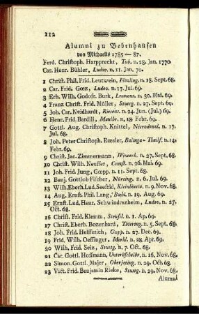 Alumni zu Bebenhausen von Michaelis 1785-87.