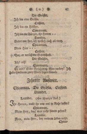 Zehnter Auftritt. Chicaneau. Die Gräfin. Crispin. Leander.