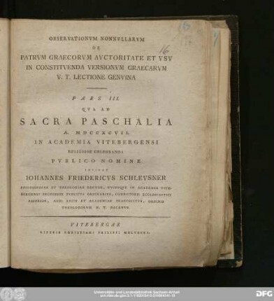 Pars III.: Observationvm Nonnvllarvm De Patrvm Graecorvm Avctoritate Et Vsv In Constitvenda Versionvm Graecarvm V.T. Lectione Genvina Pars III.