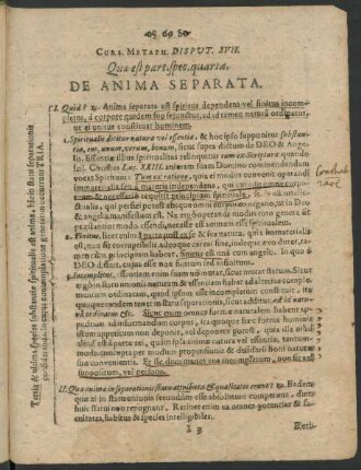 Curs. Metaph. Disput. XVII. Quae est part. spec. quarta. De Anima Separata.