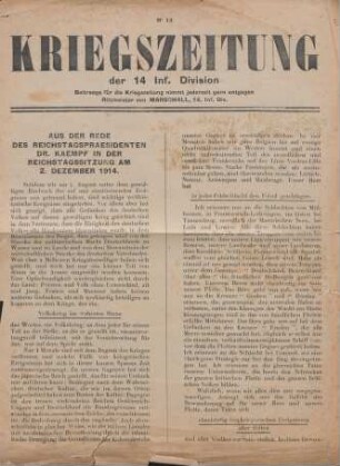 1914: Kriegszeitung der 14. Infanterie-Division