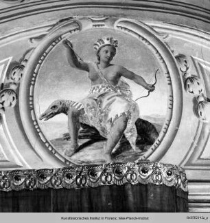 Deckendekoration mit Apollo, umgeben von den vier Erdteilen : Amerika
