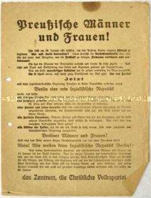 Aufruf der Zentrumspartei zur Wahl der preußischen Landesversammlung 1919