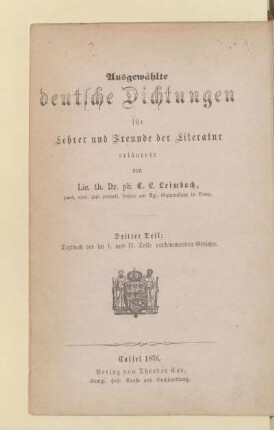 Teil 3, [Schülerband]: Perlen lyrischer und epischer Poesie für Schule und Haus : nach den Dichtungsarten geordnet