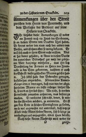 Anmerckungen über den Streit zwischen dem Herrn von Fontenelle, und dem Verfasser der Antwort auf seine Historie von Orackeln.