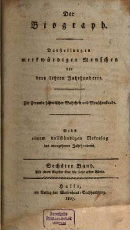Der Biograph : Darstellungen merkwürdiger Menschen der drey letzten Jahrhunderte : Für Freunde historischer Wahrheit und Menschenkunde. 6,1/4. 1807