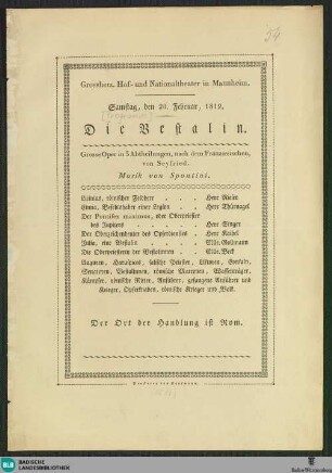 Die Vestalin : Grosse Oper in 3 Abtheilungen